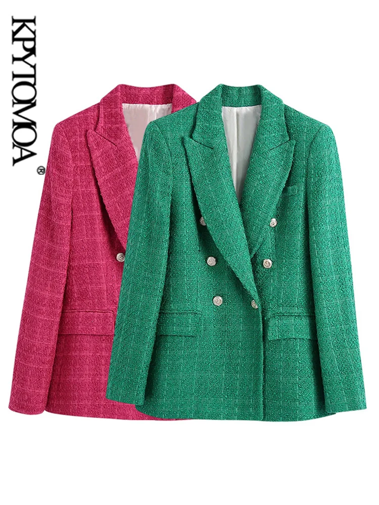 

KPYTOMOA Women Fashion Double Breasted Tweed Green Blazer Coat Vintage Long Sleeve Flap Pockets Female Outerwear Chic Veste