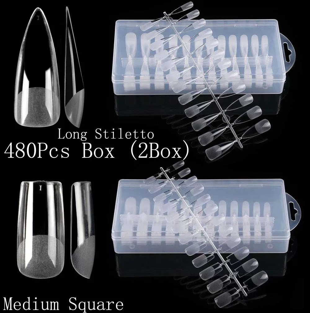 

480Pcs Fake Nails Soft Gel X Tips Extension System Full Cover Sculpted Stiletto Coffin Press On Nails Artificial Tips
