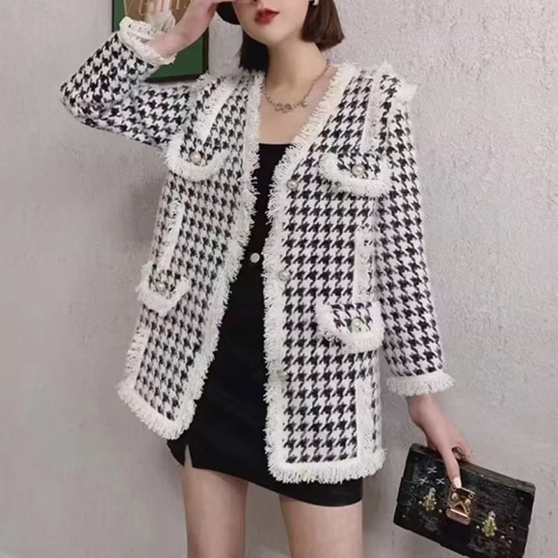 

Houndstooth Imitation Mink Fleece Jacket Women's 2022 Autumn and Winter New Plaid Fringed Knitted Cardigan Mink Fur Pocket Top