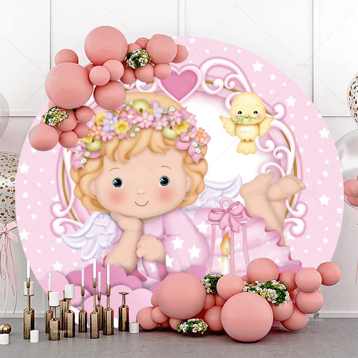 Angel Baby Round Background Cover Newborn Baptism Girl Boy My First Communion Decoration Baby Shower Christening Circle Backdrop