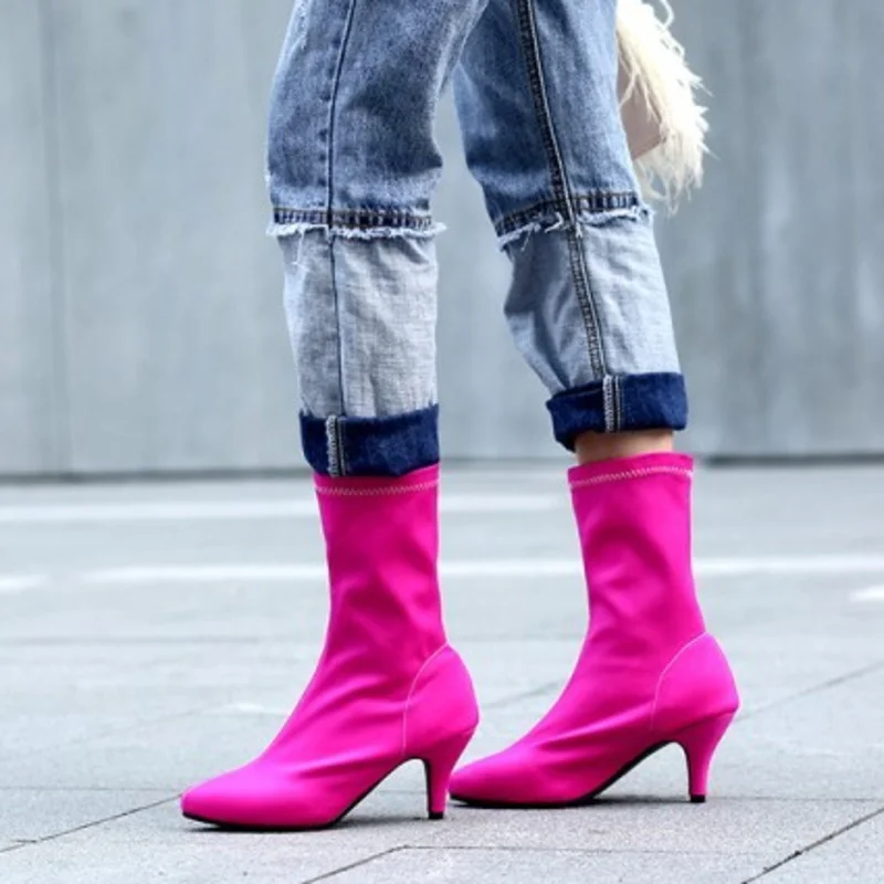 Ankle Boots High Heels Women Shoes Spring Summer 2023 New Pointed Toe Big Size 34-46 Mid Calf Stretch Sock Boots Female Footwear