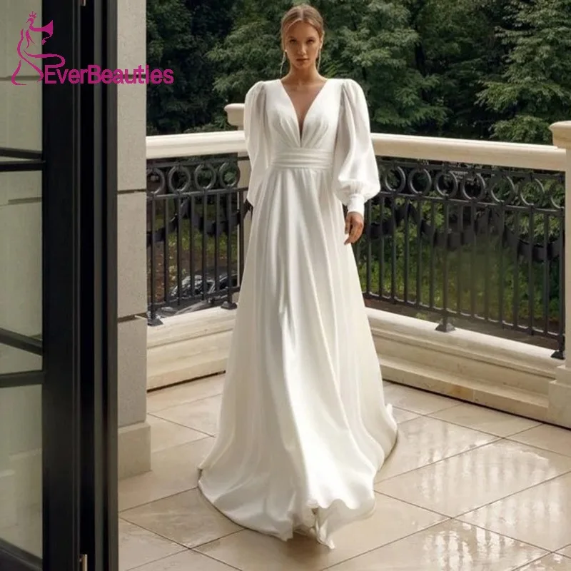 

Elegant Chiffon Wedding Dress 2023 Simple V-Neck Long Puff Sleeves White Bride Gowns For Women Modern Robe De Marie Sweep Train