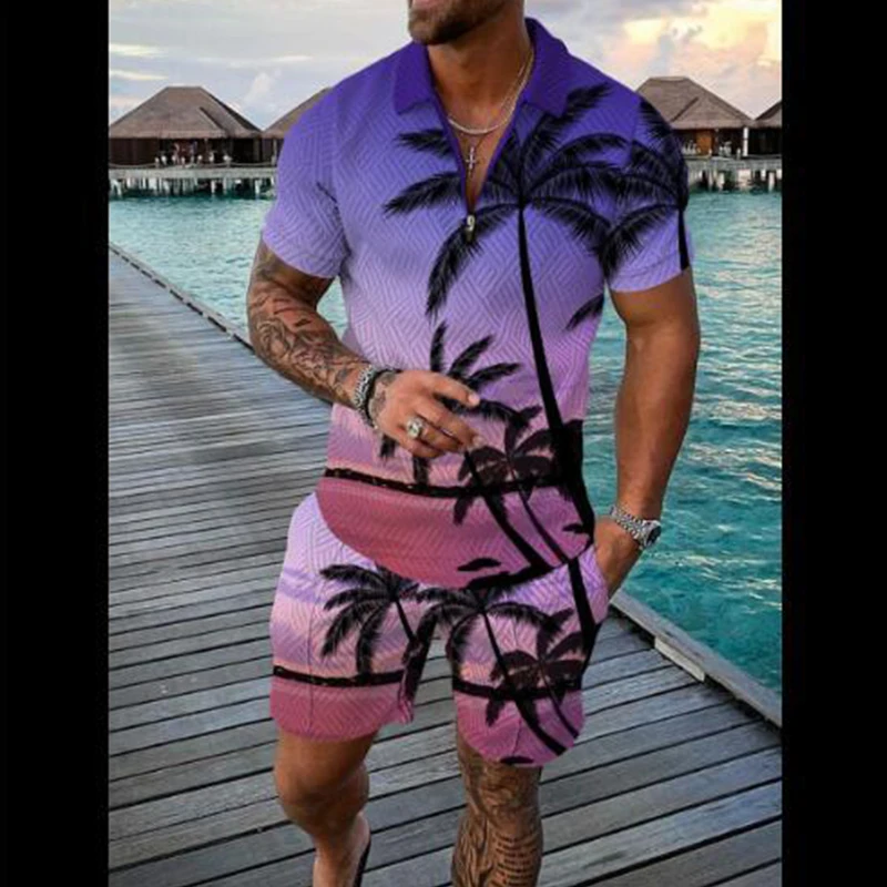 2022 New Summer Men Sport Suit 2 Piece Sets Short Sleeve Polo Shirt Men Short Pant Male Coconut Tree Casual Oversized Clothes