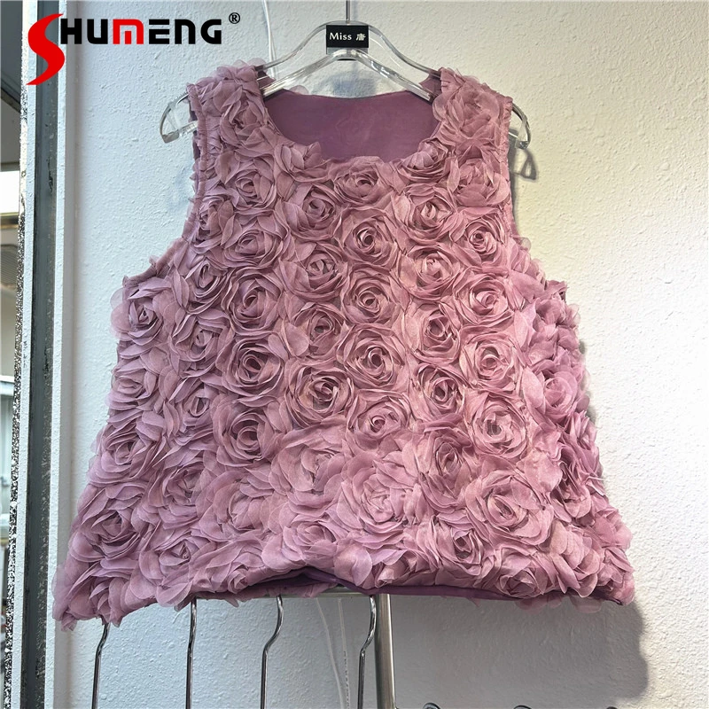 

Three-Dimensional Rose Flower Vest for Women 2023 Autumn New French Style Sleeveless Waistcoat Vest Niche Vacation Short Top