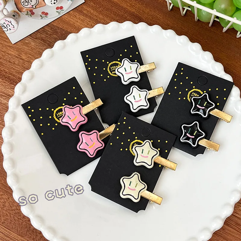 

2PCS Set 4cm Long Cute Small Color Smile Face Star Pentagrams Hair Clips For Girl Kids Kawaii Fairy Sweet Hairpin Fashion Party