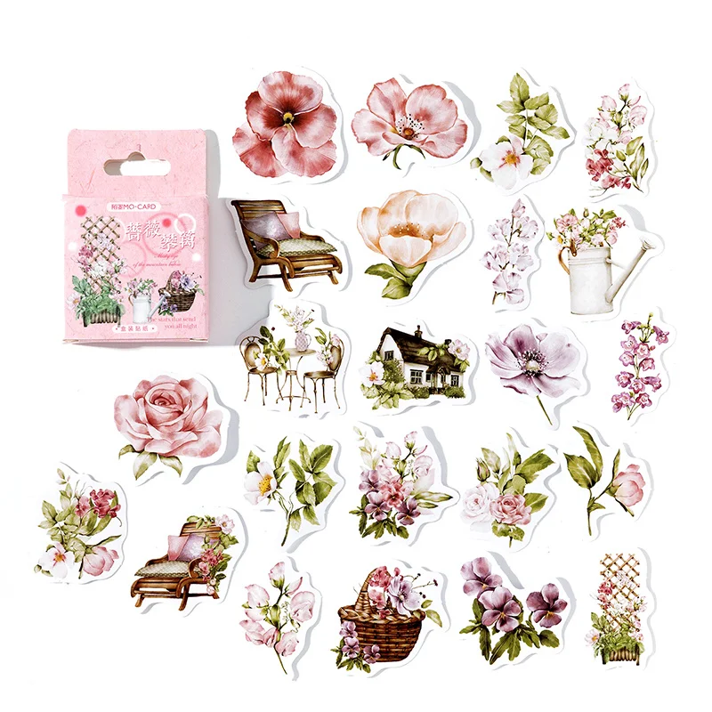 

40Packs Wholesale Box Rose Stickers Bottoming Climbing Flowers Material Plants handbook Seal Diary Decorative Scrapbooking 4CM