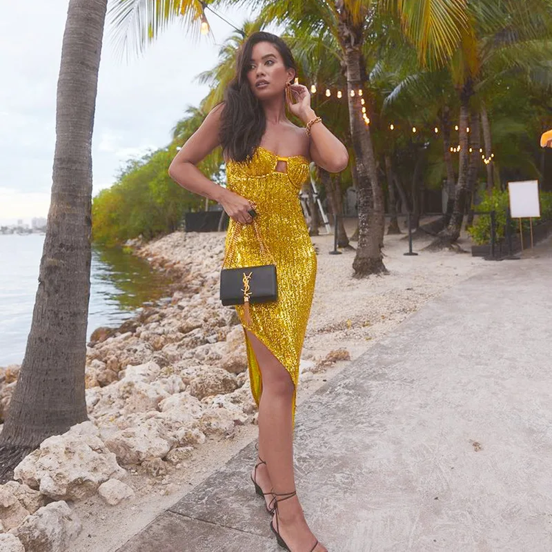 Women Sexy Off-Shoulder Party Dress Strapless Backless Sleeveless Clubwear Fashion Sequined High Split Yellow Nightclub Dresses