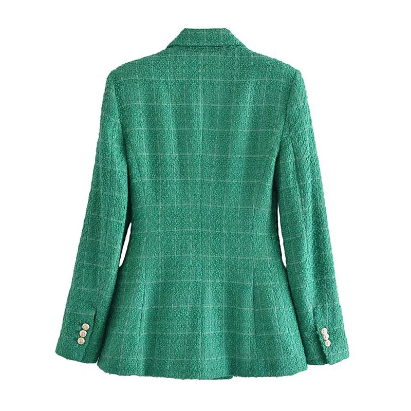 Vintage Striped Raglan Commuter Blazer Double-breasted Wwave Collar Suit Green Red Long Sleeve with Button Women Winter Jackets