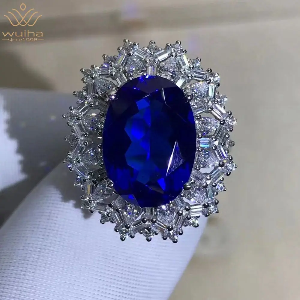 

WUIHA Real 925 Sterling Silver Oval 8CT Fancy Vivid Sapphire Created Moissanite Anniversary Ring for Women Gifts Drop Shipping