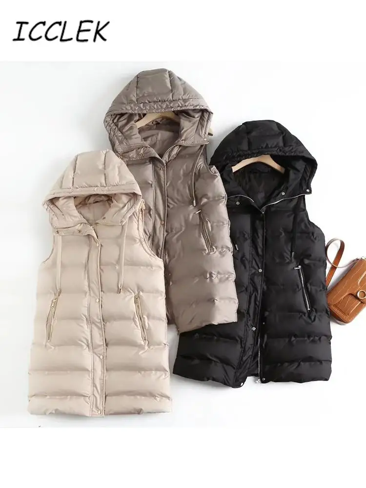 

Icclek Waistcoat Vest For Women Puff Hooded Vest 2022 Casual Sleeveless Jackets Chic Lady Winter Warm Jacket Coats Outfits Traf