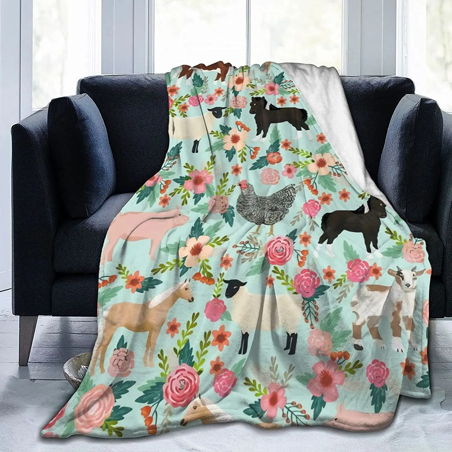 

Fashion Flannel Throw Blanket, Farm Animal Sanctuary Pig Chicken Cows Horses Sheep Floral Blankets for All Seasons Blanket
