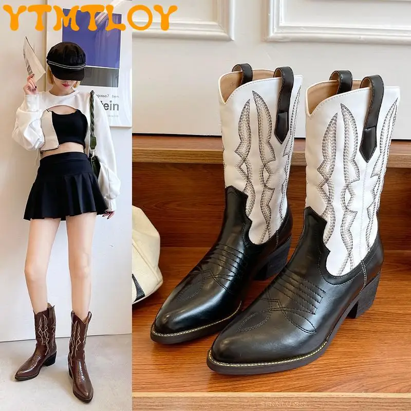 

2021 British New Embroidered Western Cowboy Boots Pointed Toe Tube V Port Retro High Heel Knight Boots