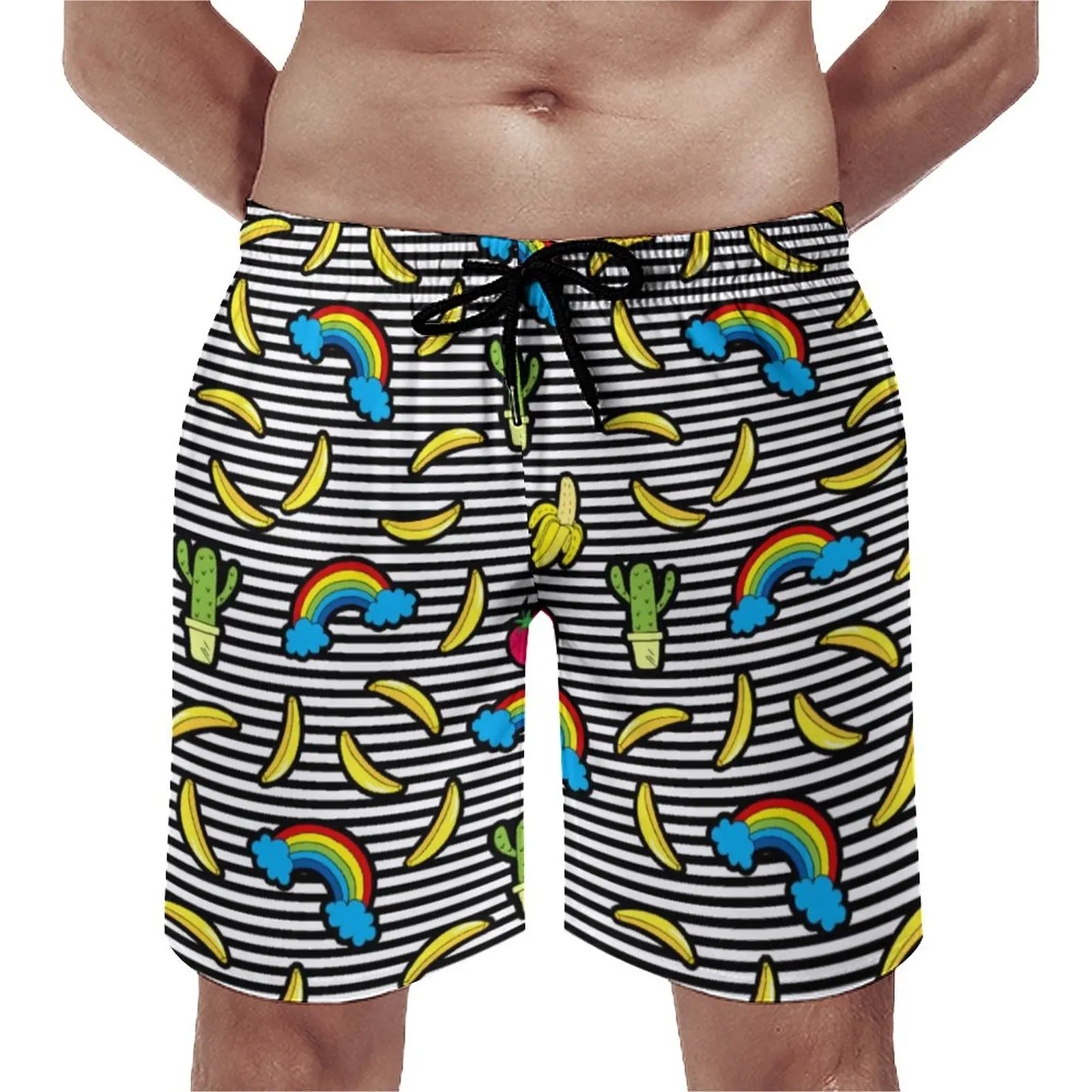 

Шорты для плавания в белую полоску, модные быстросохнущие спортивные короткие штаны для фитнеса, с изображением радуги, кактуса, фруктов