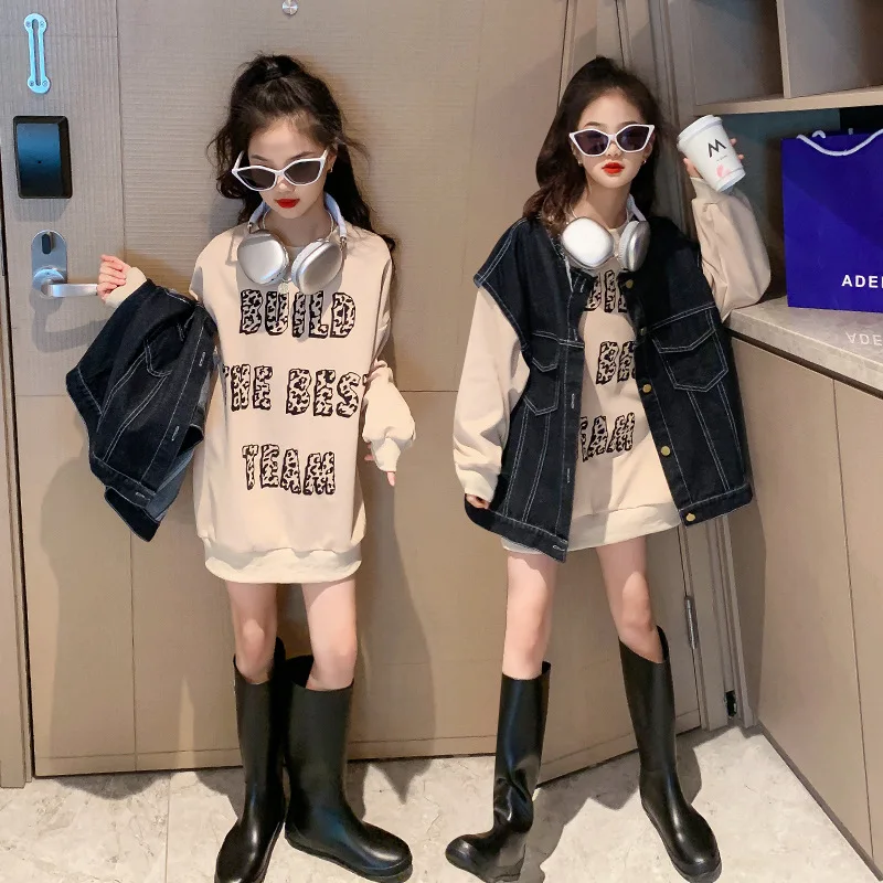 

Джинсовый жилет и свитер в западном стиле для девочек, весна-осень 2022, детская одежда