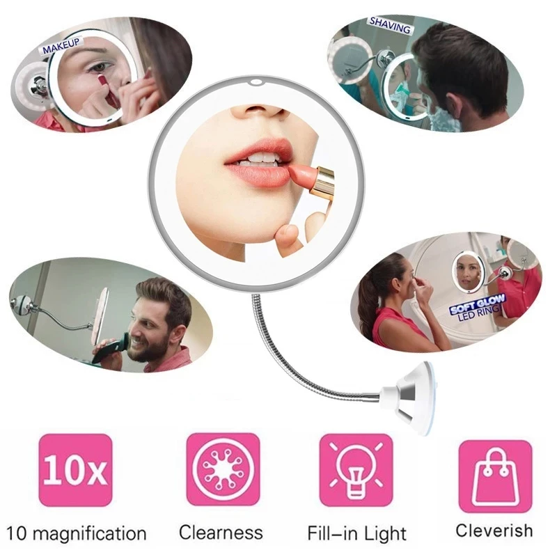 

Multifunction Led Makeup Mirror 10X Magnifying Collapsible Vanity Looking Glass 360 Rotation Bathroom Dress Up Shaving Mirror