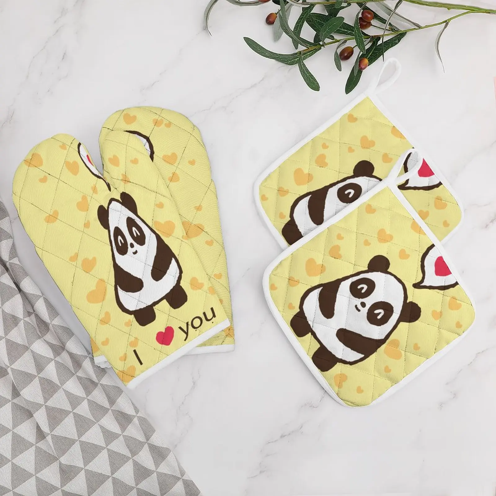 

Oven Mitts and Pot Holders Set 4PC Thicken Heat-Resistant Gloves and Pot Holders for Baking Cooking Panda, Love, I Love You