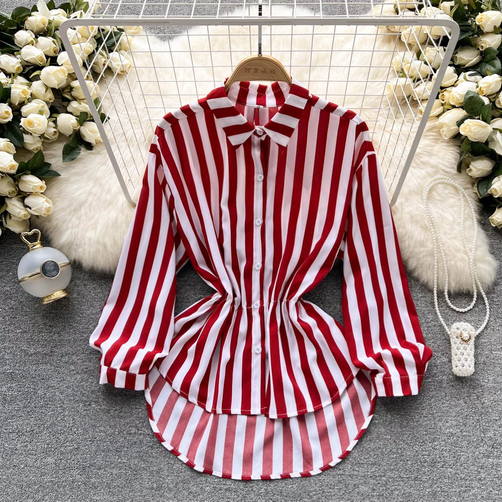 

VANOVICH Spring and Summer New Irregular Striped Long-sleeved Shirt Women's Fashion Temperament Contrast Color Casual Shirt