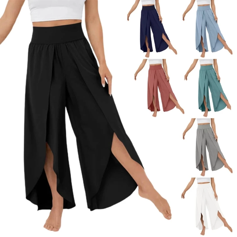 

Women Solid Color Flowy Pant Baggy Hippies Pilates Bohos-Beachs Plus-Size Palazzos Trousers Daily Workout Bottom Wearing 10CD