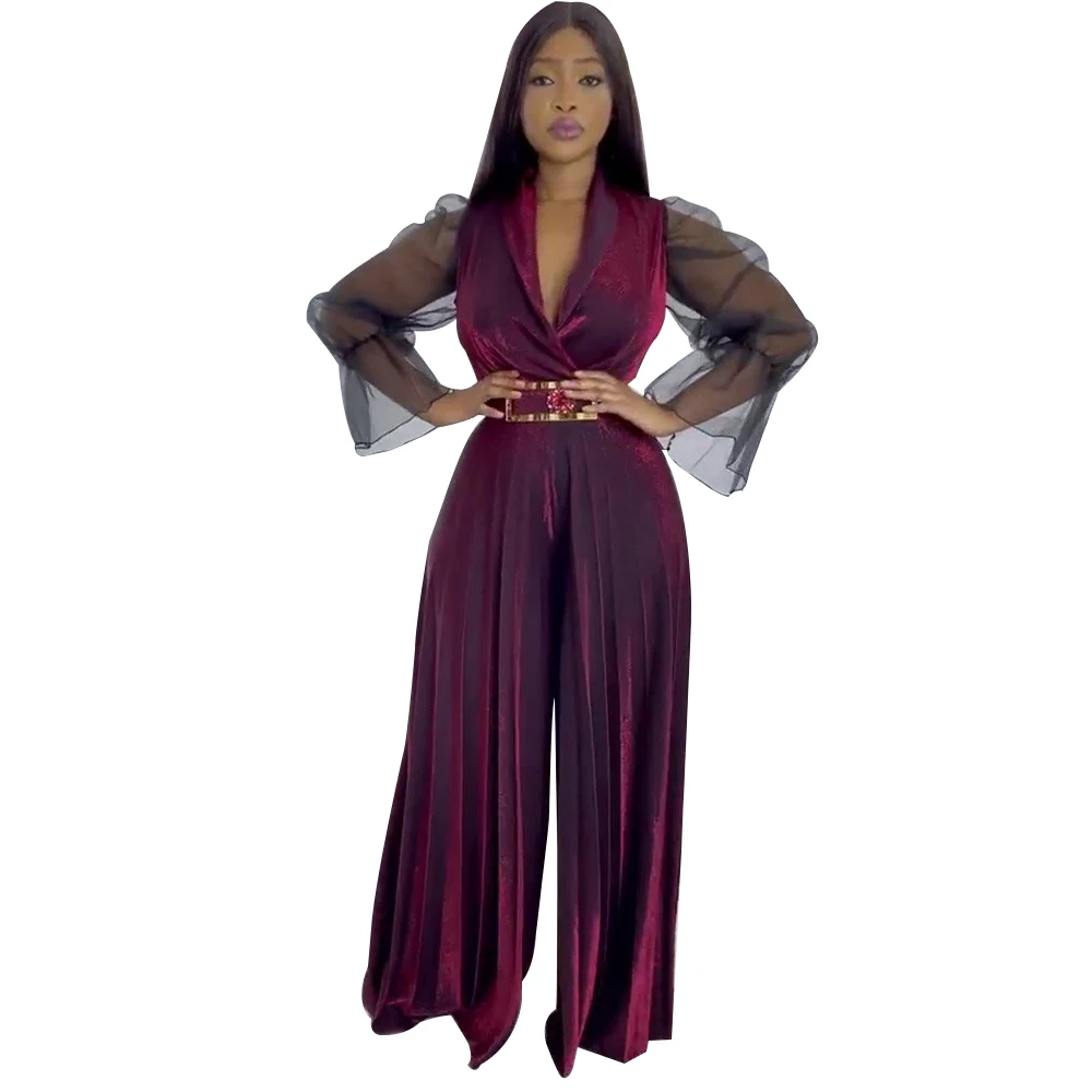

Wide Legs Long Jumpsuits Dashiki African Women Long Sleeve Peplum Christmas Party Wear Celebrate Rompers Overalls 2022