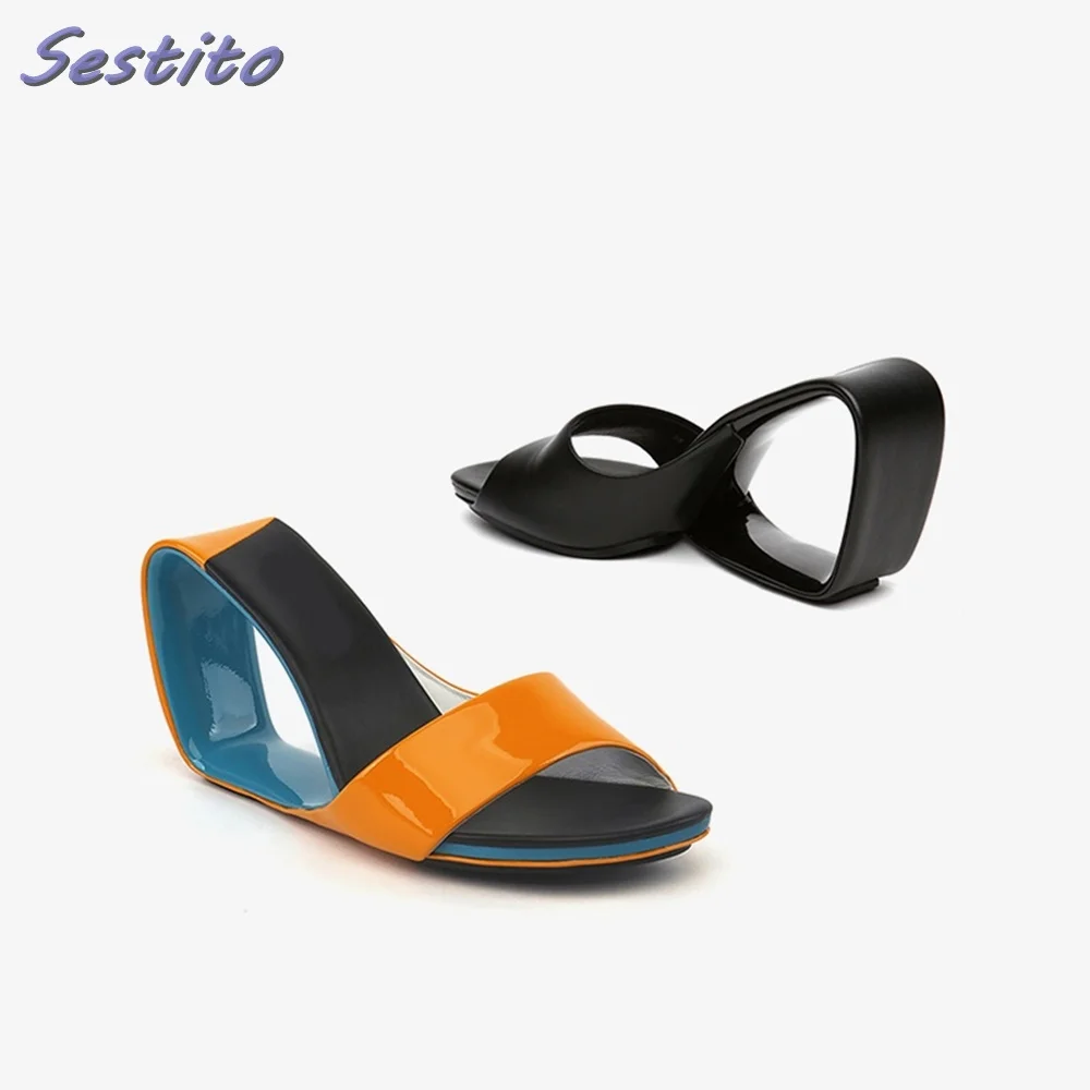 

Patent Leather Round Toe Strange Heel Slippers Fashion Mixed Colors Women Shoes Summer Slides Outdoor Novel New Arrivals 2023