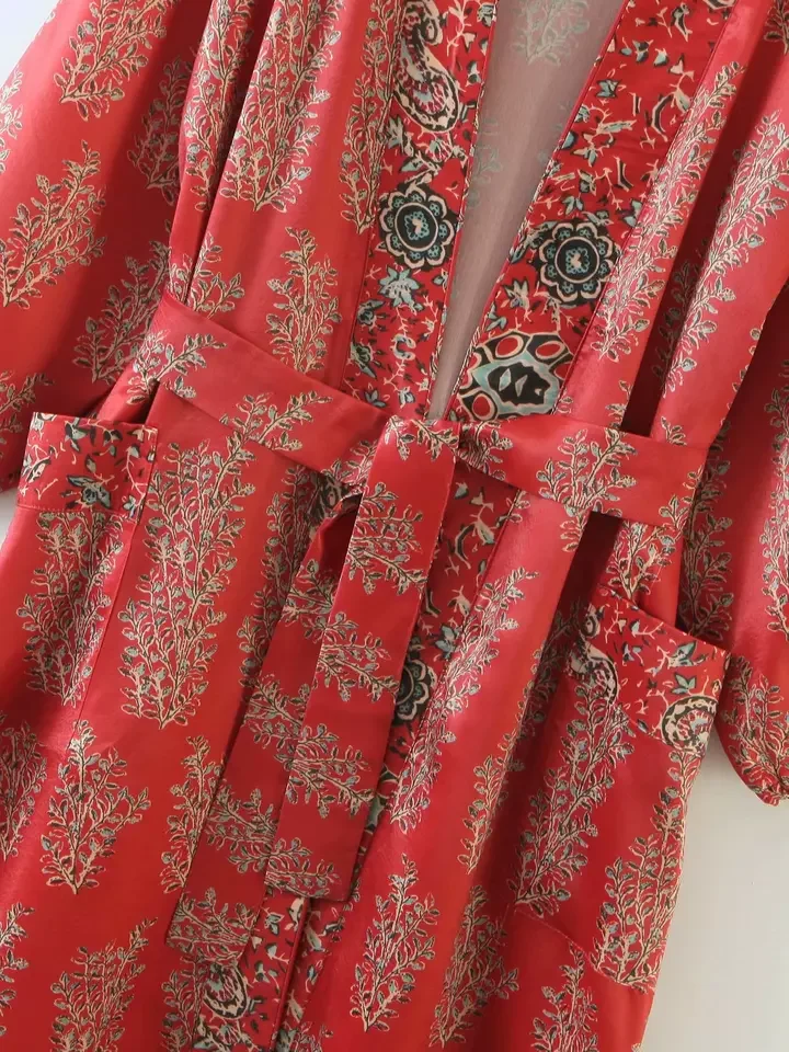Boho Loose Women Cadigan Satin Red Floral Print Puff Sleeve Long Kimono Lace up Tie Bow Sashes Dress Casual Beach Robe