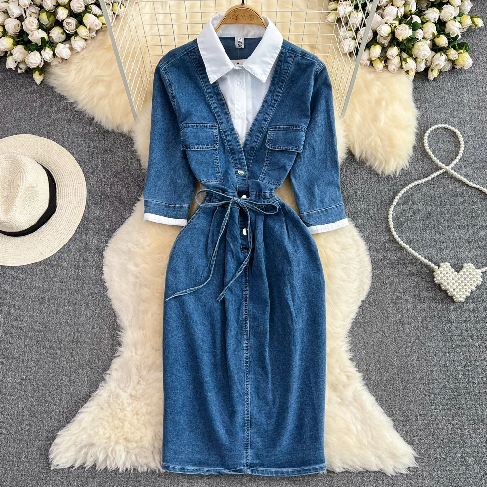 

Spring New Korean Version of the Lapel Fake Two Pieces Collision Color Stitching in the Long Section of the Denim Dress