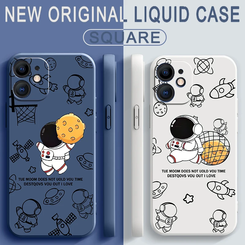 

Cases For iPhone 13 11 12 Pro Mini X XR XS Max Liquid Silicone Funda For 6 6s 7 8 Plus SE 2020 Creative Astronaut Phone Capa