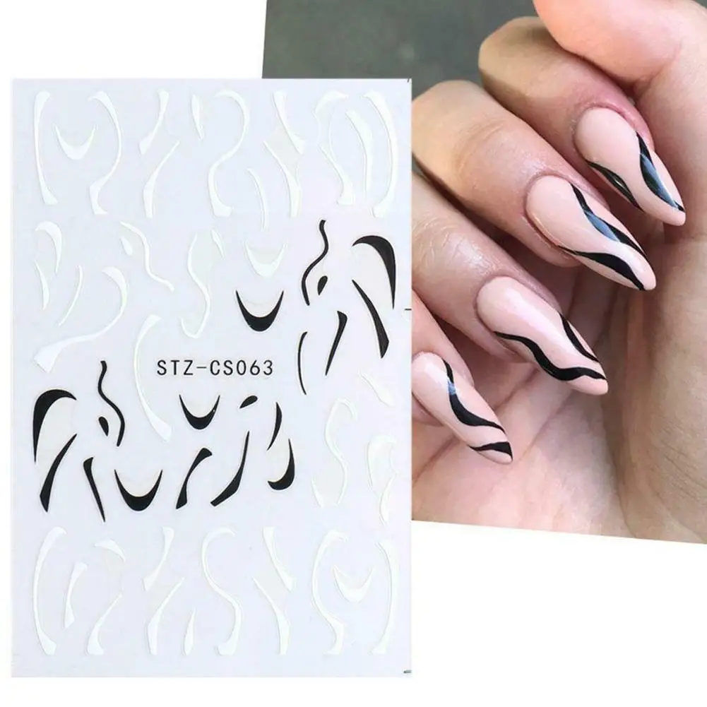 

1pack Nail Stickers Ins Style Black White Wave Line Manicure STZ-CS063 Use French Decals Self-adhesive Easy To Decor Access M3O9