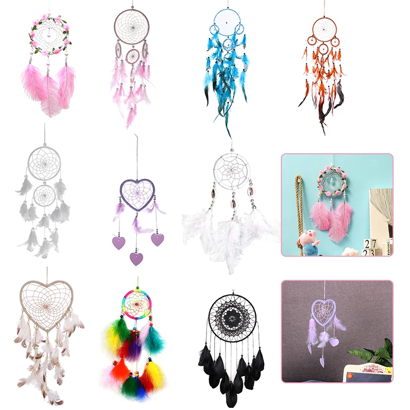 

Индийский Ловец снов ручной работы, подвесной Ловец снов с ротанговыми бусинами и перьями, украшение для стены автомобиля, Ловец снов