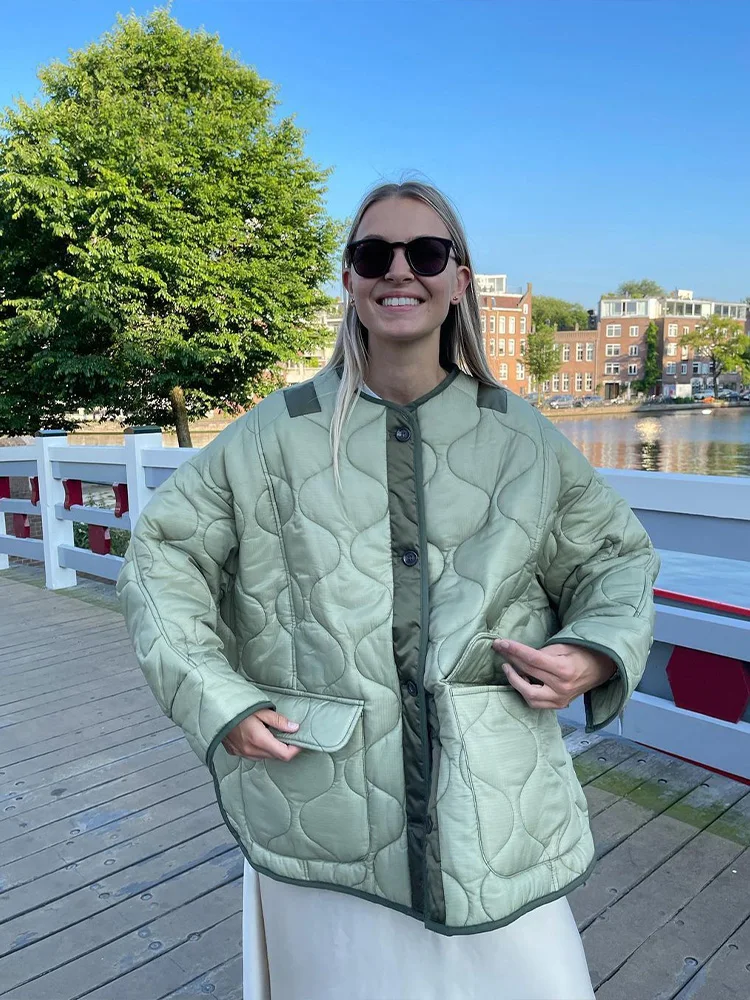 

BM&MD&ZA Women 2022 Winter Fashion Moss Green width Big padded clothes Vintage Long Sleeve pocket Female Outerwear Chic Tops