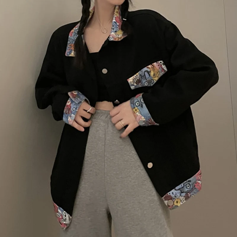

Streetwear Women's Denim Jacket 2022 Spring Summer Harajuku Fashion Patchwork Cartoon Print Single Breasted Outerwear Female