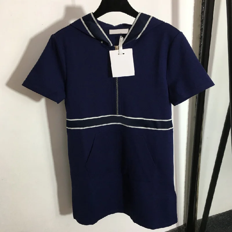 

2022 casual women's dress fashion letter webbing waist closing splicing women's dress temperament hooded short sleeved dress