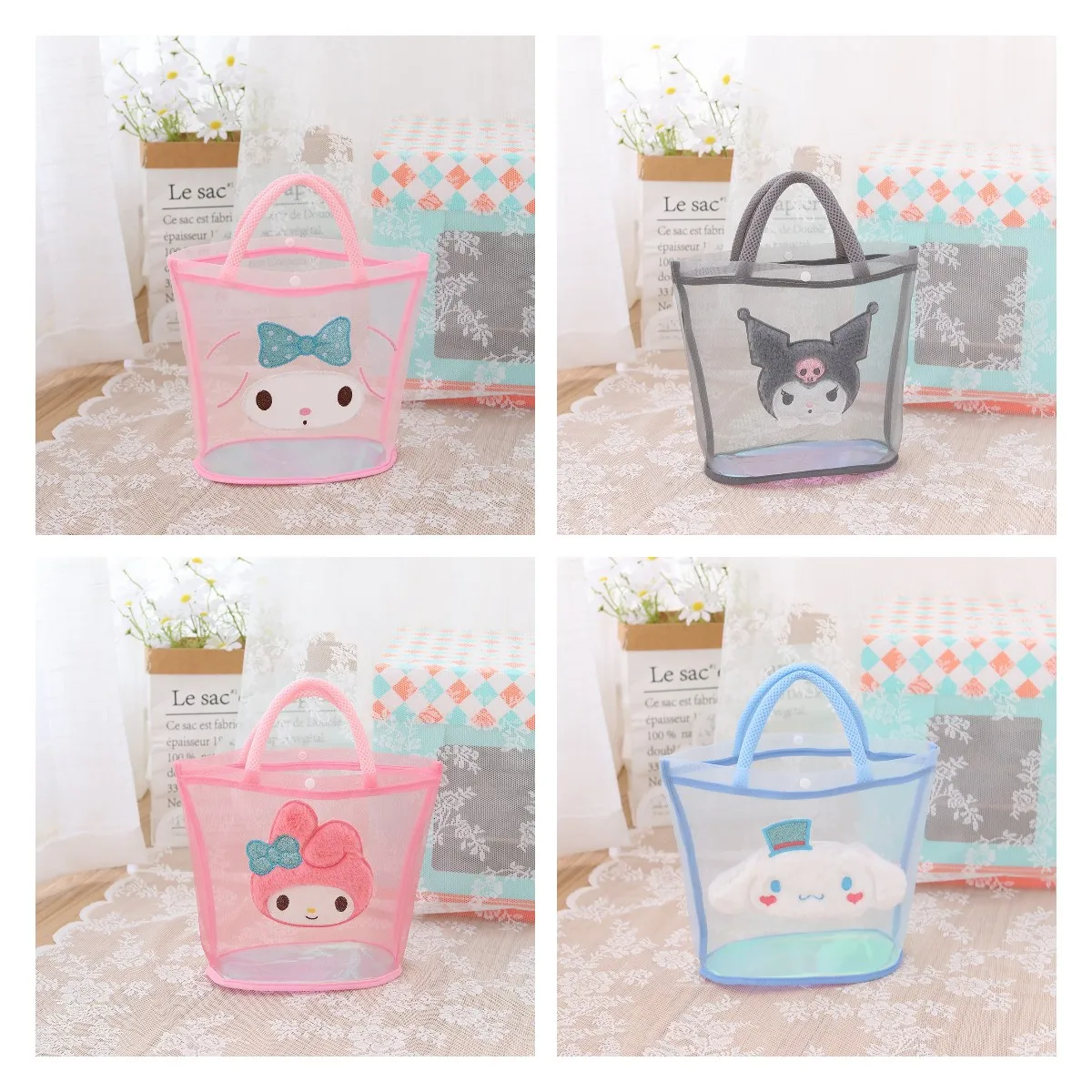 

Japanese Cartoon Kawaii Summer Mesh Hollow Beach Bag Sanrio Kuromi Swimming Fitness Bath Washing Makeup Handbag Gift