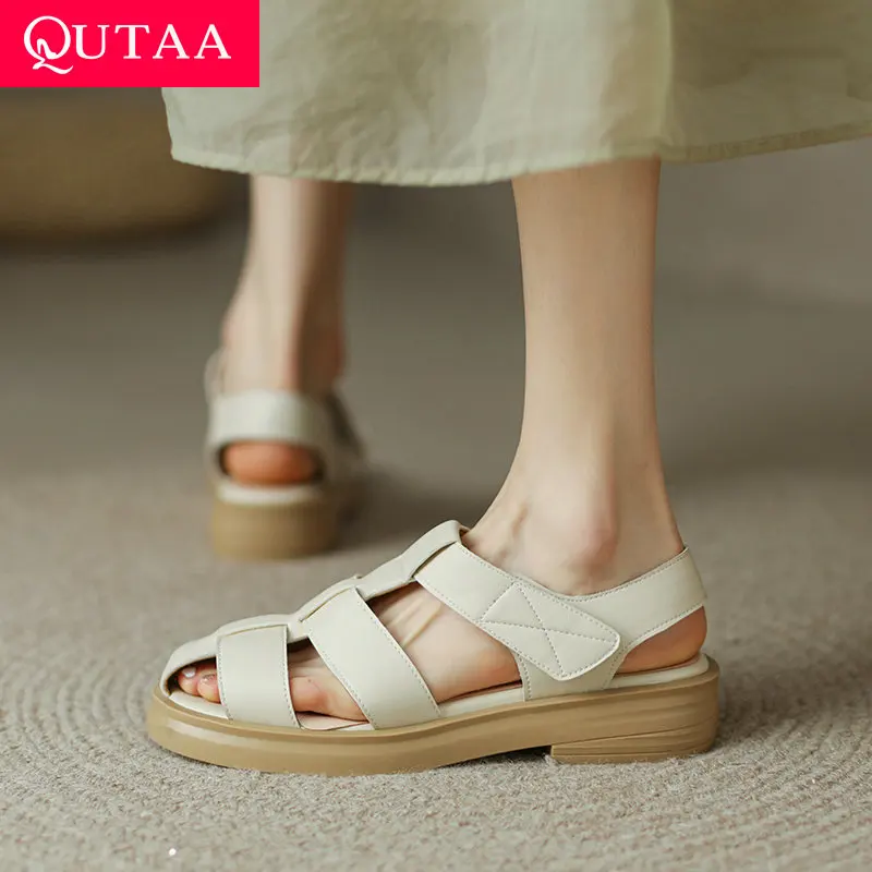 

QUTAA 2022 Square Heel Hook&Loop Women Slides Microfiber All Match Sandals Summer Round Toe Female Shoes Size 34-43