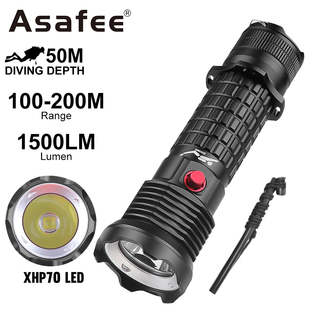 

Asafee D903 50M Underwater Diving Flashlight XHP70 LED 1500LM 200M Range Scuba SOS Light Magnetic Switch Lantern IPX8 Waterproof