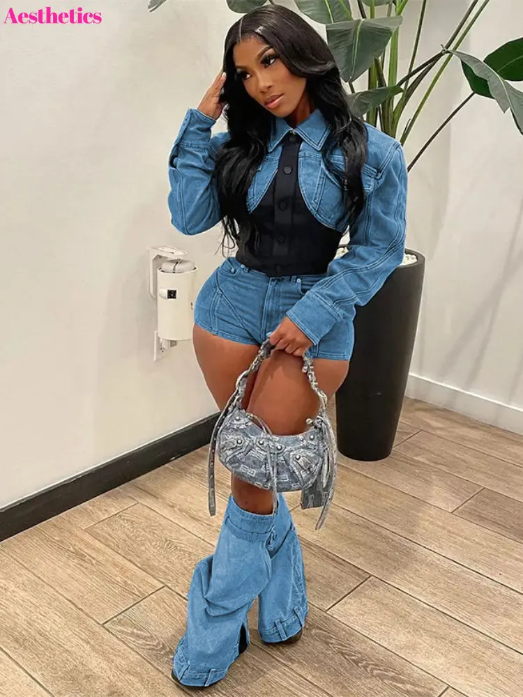

Women Patchwork Denim Set Long Sleeve Mini Jacket And Jeans Shorts 2023 Summer Street Chic Two 2 Piece Set Outfits Tracksuit