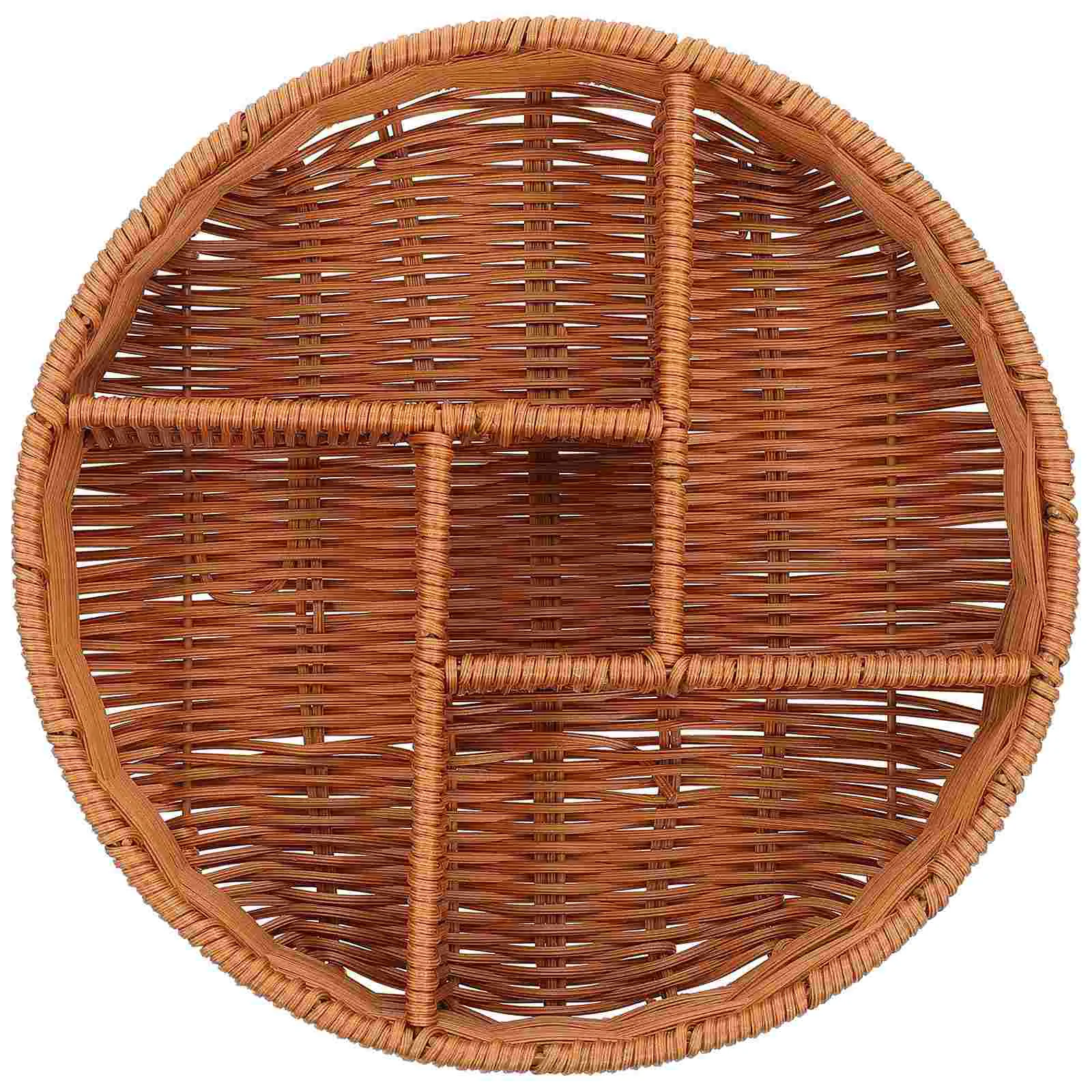 

Hand- Woven Rattan Serving Tray Divided Wicker Bread Fruit Basket Decorative Nesting Tray Snack Nut Serving Tray Sundries
