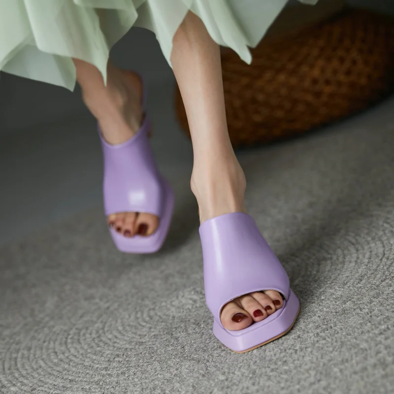 

Cowhide Summer Slippers Leather Peep Sandals Open Toe Thick Platforma Sandles Daily Outwear Beach Shoes For Women