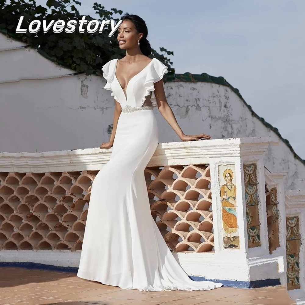 

A-Line Chiffon Ruffles Modern Wedding Dresses Sweetheart Beading Belt Bride Robes Backless Bridal Gowns V-Neck Vestidos De Novia