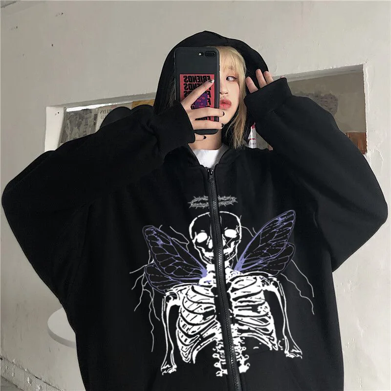 

Europe and the United States Y2k Zip Up Hoodie Spring and Autumn Fleece Zipper Sweater Skull Angel Hoodie Women's Sweater Jacket
