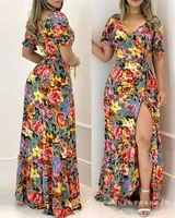 chaxiaoa 1 piece summer 2022 womens chic off shoulder sashes short lantern sleeves all over print floral maxi a line dress
