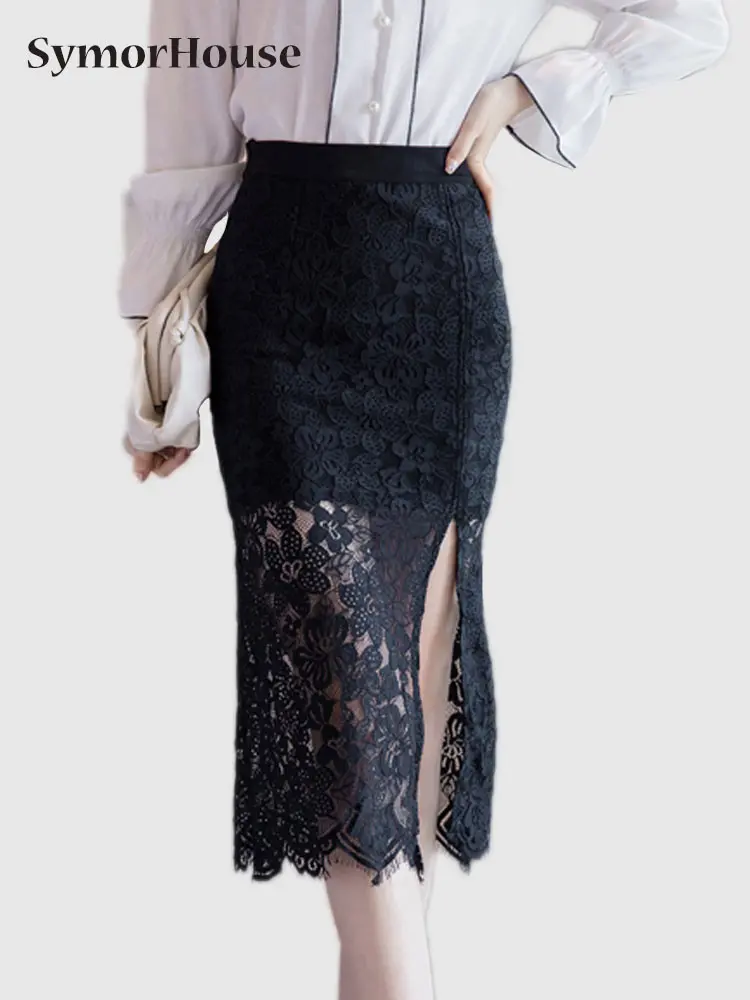 

Юбка Женская средней длины с высокой талией, модная пикантная облегающая офисная кружевная черная в Корейском стиле, весна-лето