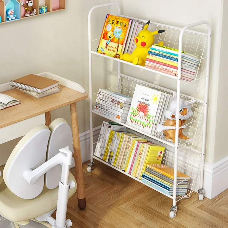 

Book Shelf Home Children Landing Multilayer Storage Shelves Mobile Pulley Book Organizer Coarse Carbon Steel Display Cabinet