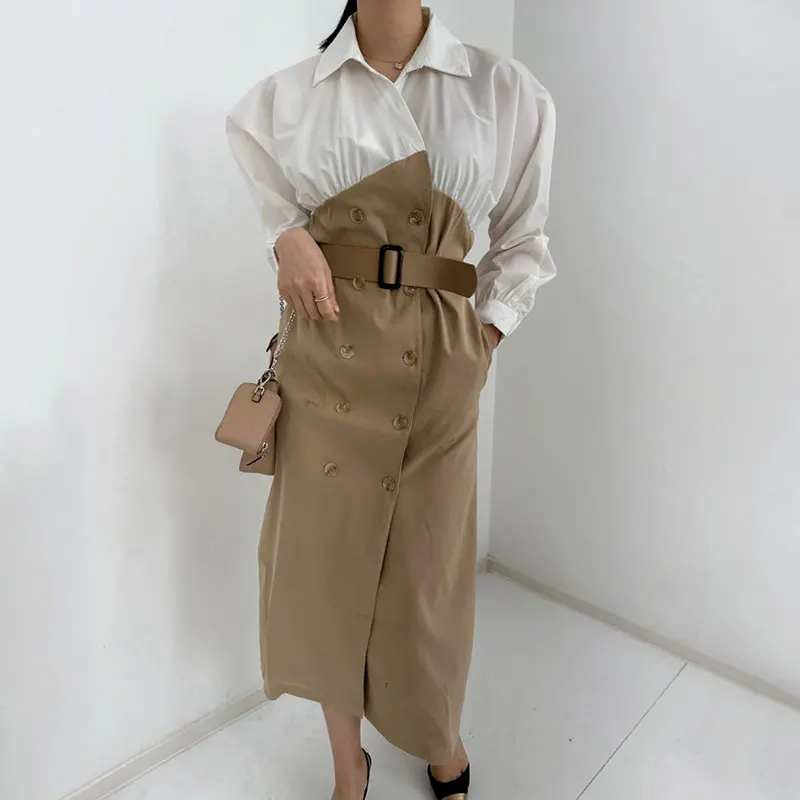 

Clothland Women Elegant Patchwork Midi Dress Trench Style Long Sleeve Belt One Piece Office Wear Spring Dresses Vestido QB922
