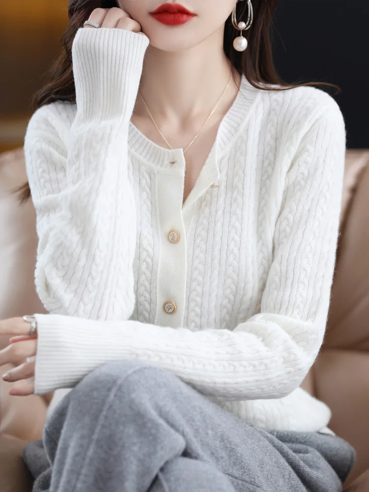 

Aliselect Fashion 100% Merino Wool Top Women Knitted Sweater O-Neck Full Sleeve Cardigan Spring Autumn Clothing Twisted Knitwear