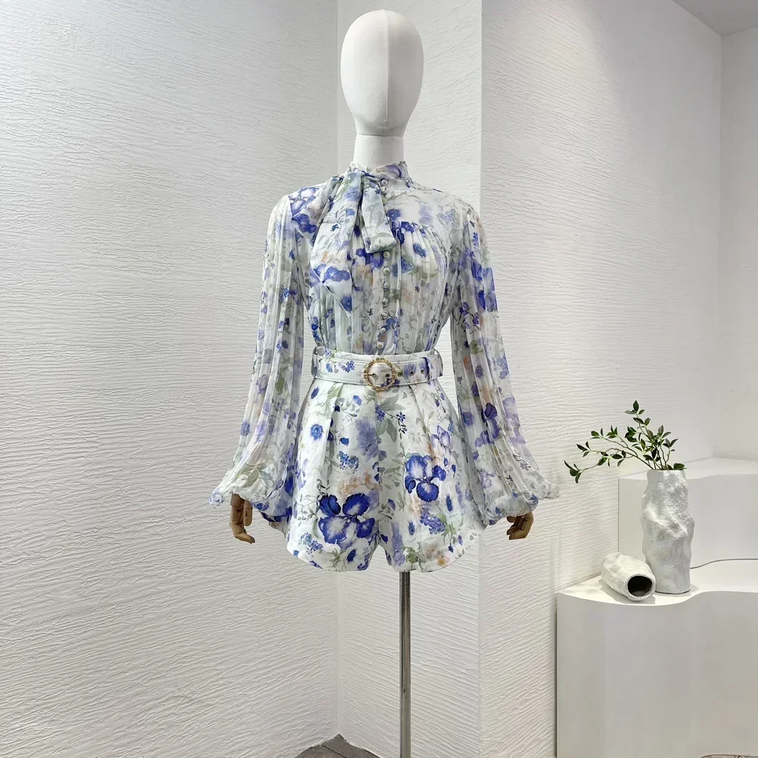 2024 бело-синие цветочные принты рукава-фонарики воротник-стойка блузка со