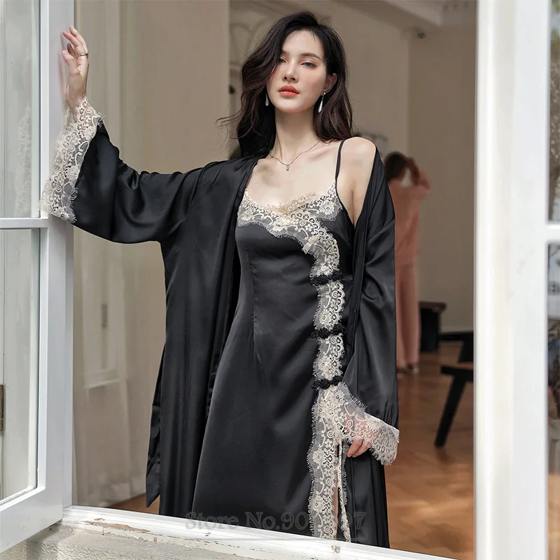 

Шелковый костюм с длинным халатиком на спине, новое летнее кимоно, халат, пикантная кружевная пижама в стиле пэчворк, домашняя одежда в китайском стиле, комплект ночного белья и халата