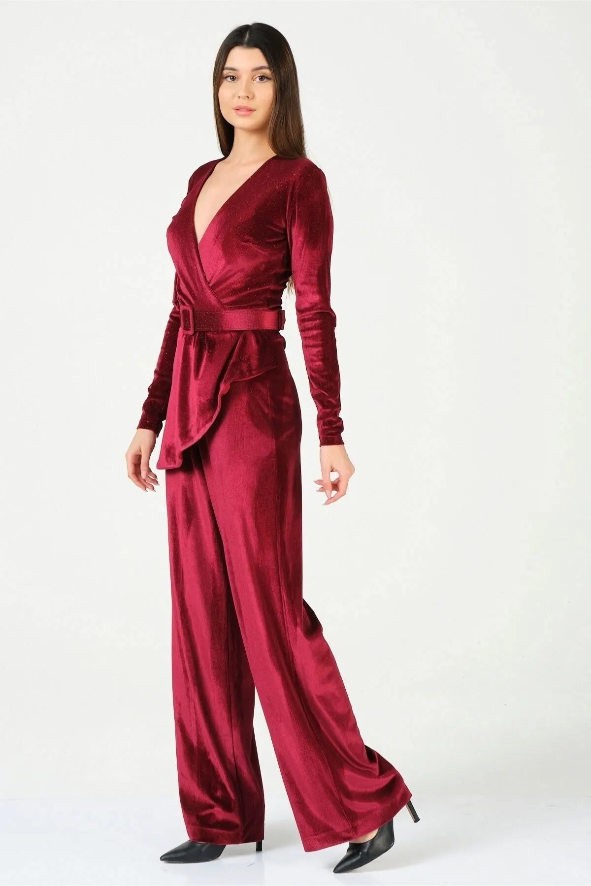 

Women's Overalls Double Breasted Detailed Waist Waist Belted Stylish Velvet Jumpsuit Hot Casual Fashion Jumpsuit