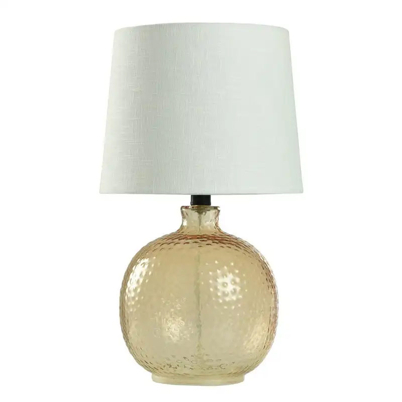 

Height, Modern Trendy 17" Height Modern Amber Glass Table Lamp with White Shade, Suspended on an Elegant Base for a Soft and War