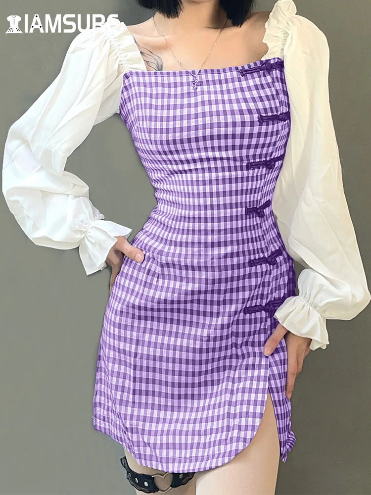 

IAMSURE Chinese Style Patchwork Plaid Bodycon Dress Vintage Sexy Slim Square Collar Puff Sleeve Mini Dresses For Women 2022 Lady